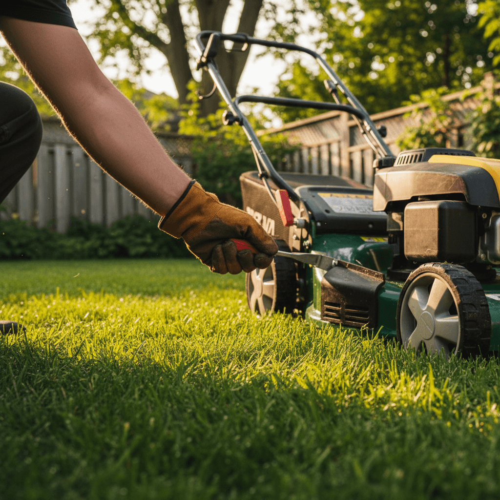 Landscaper adjusting the cutting height on a push lawn mower