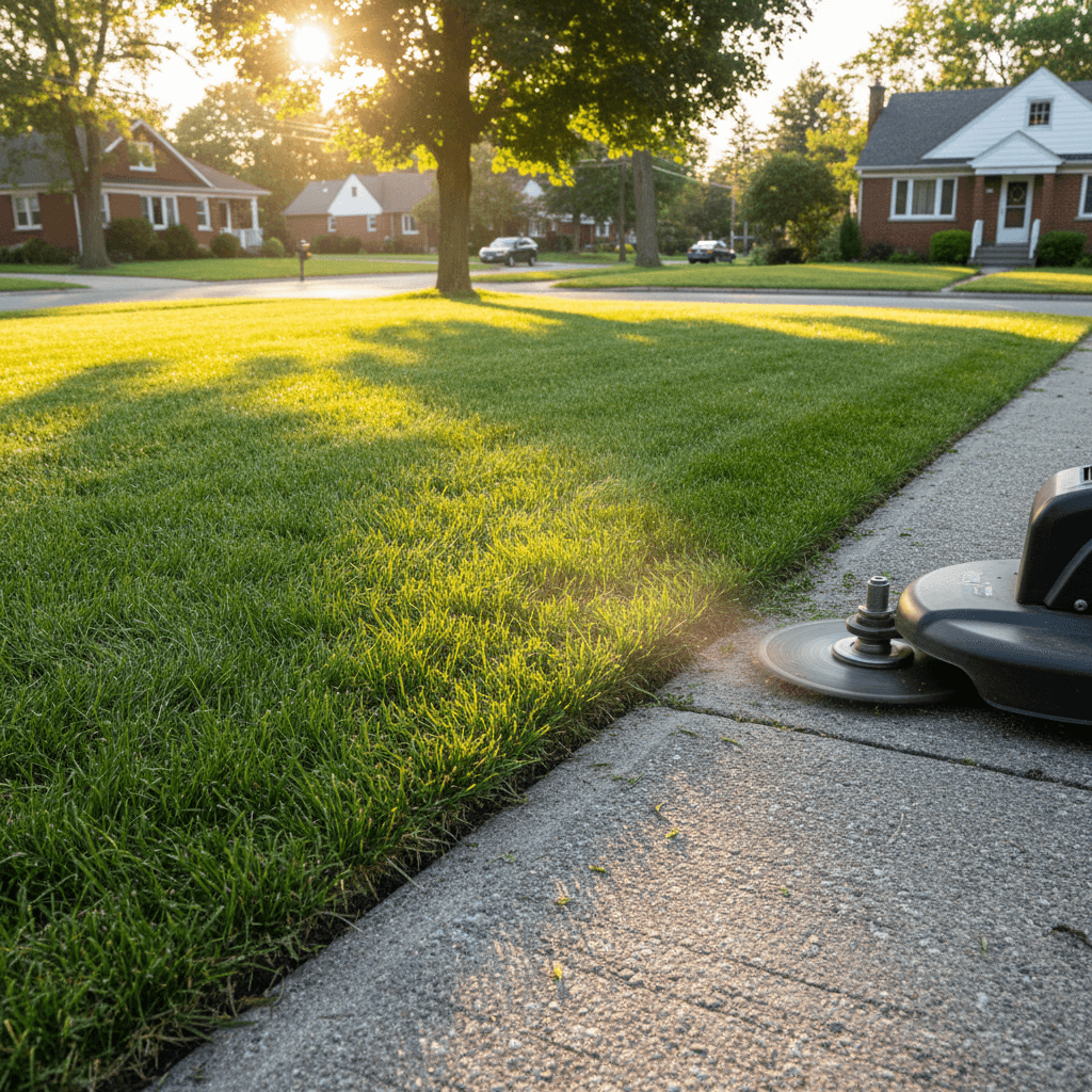 Lawn edger cutting a crisp line along a concrete driveway