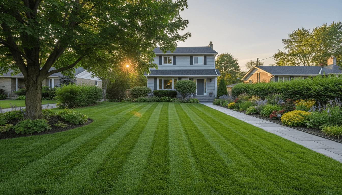 Well-maintained front lawn with clean mowing stripes in Toronto