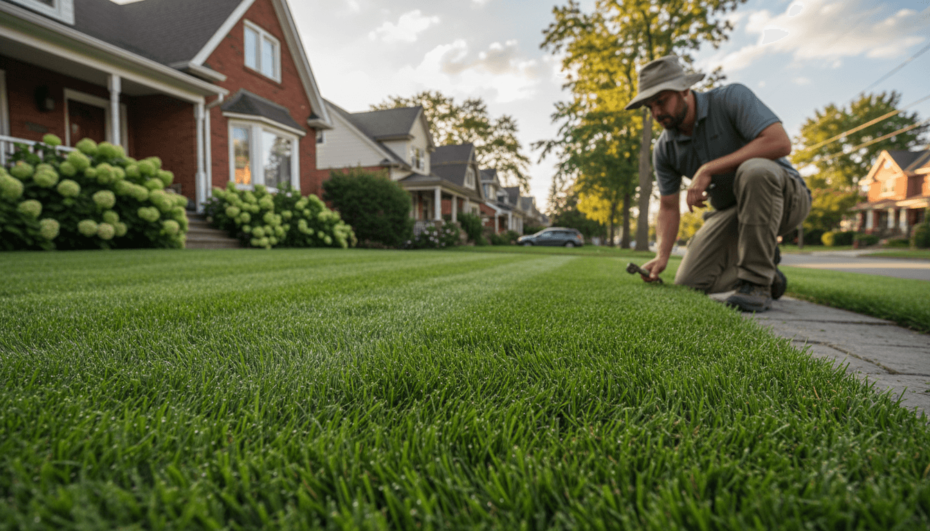 Professional lawn care specialist inspecting a healthy green lawn in Toronto