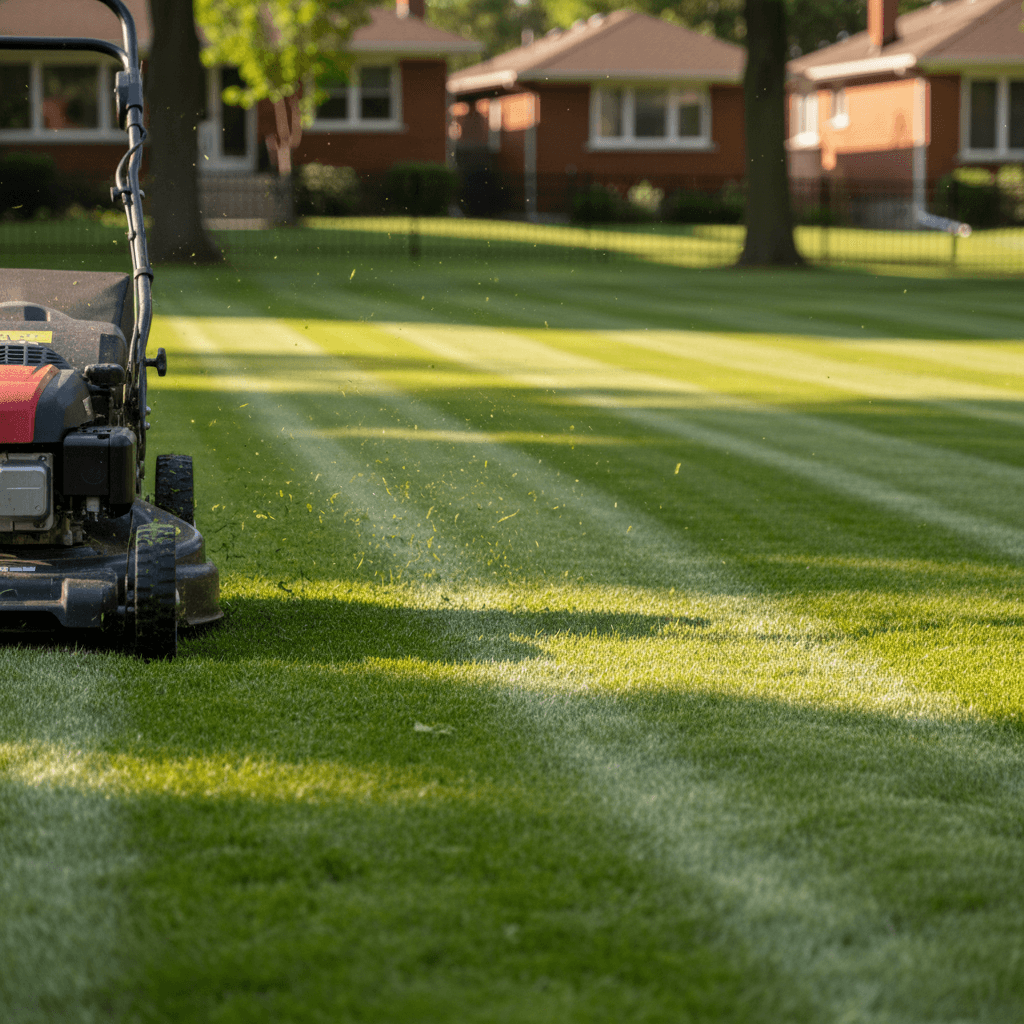 Lawn mower cutting a clean stripe pattern into a lush lawn