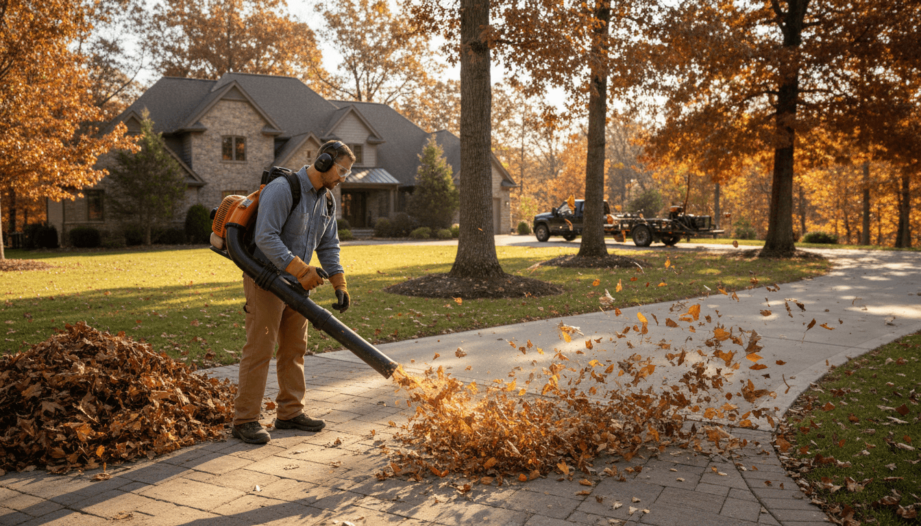 Toronto residential yard with raked autumn leaves and a gardener clearing debris