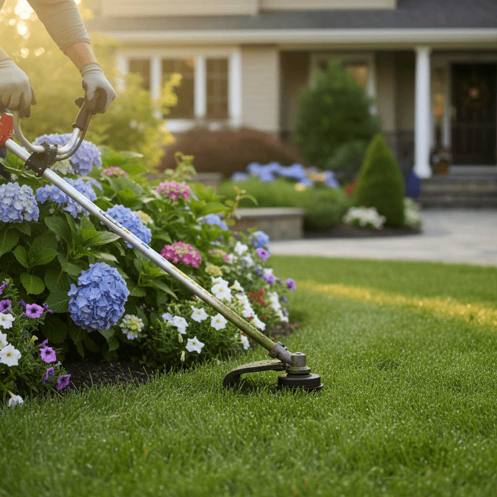 Close-up of edging along a paved walkway with a string trimmer