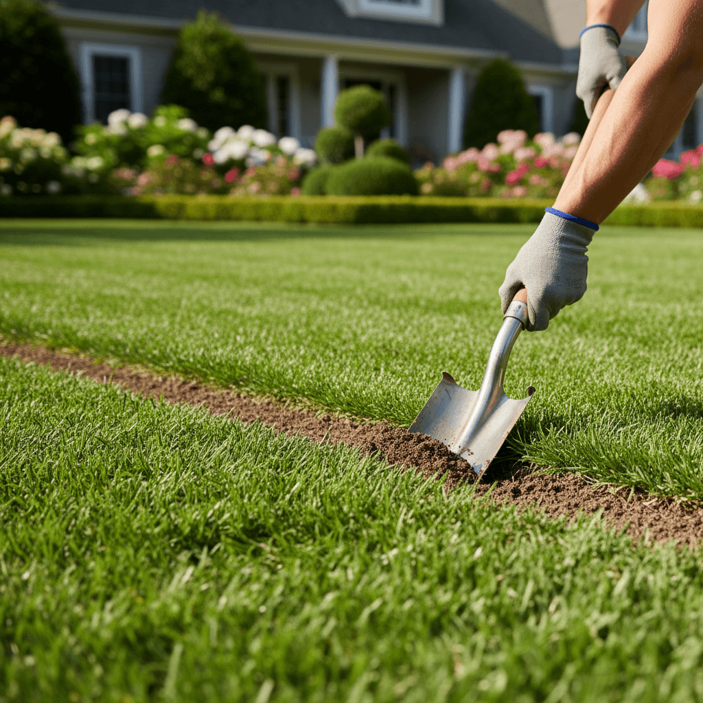 Lawn care professional edging a garden bed in Toronto