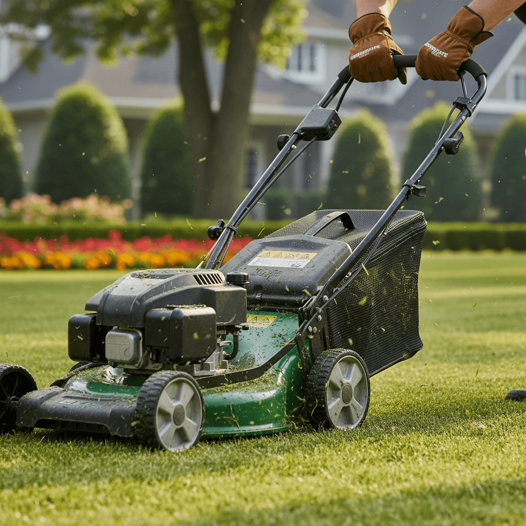 Landscaper adjusting mower height on a residential lawn