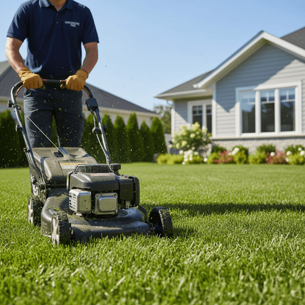 Lawn care technician mowing a healthy green Toronto lawn in a residential backyard
