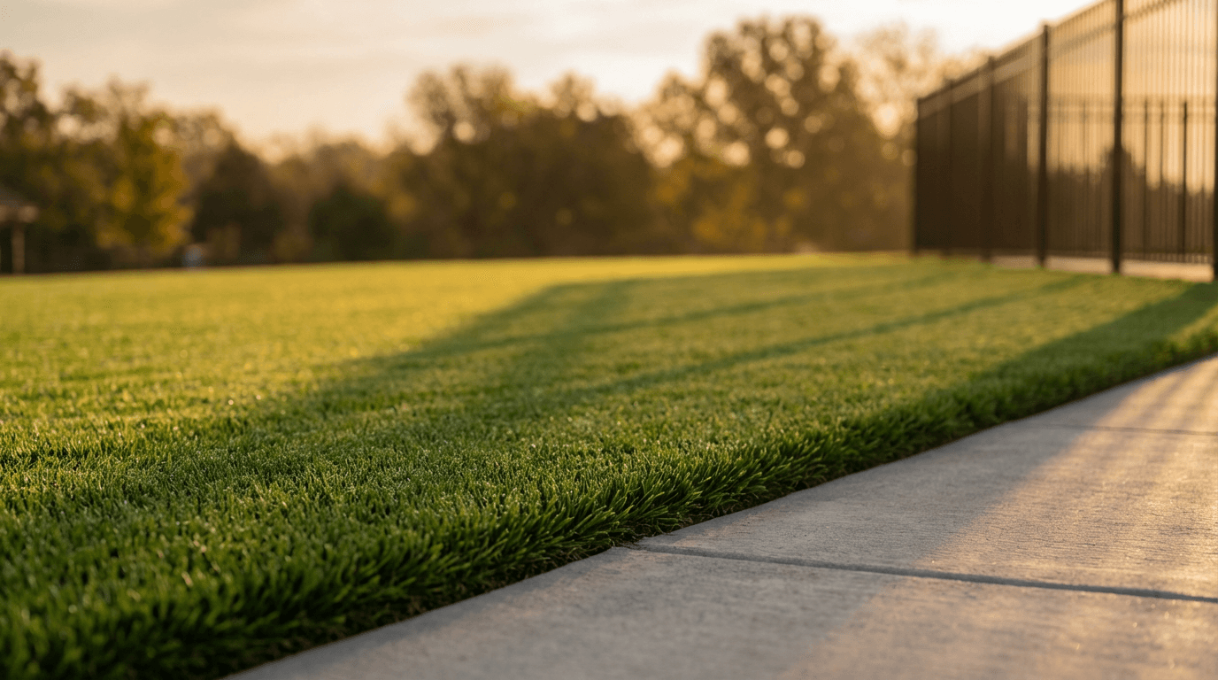 A well-maintained Toronto lawn with neat stripes and a gardener mowing in the background